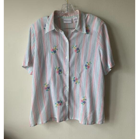 Vintage Striped Button-Down Short-Sleeve Shirt w/ Floral Stitching and Beading - Picture 1 of 5